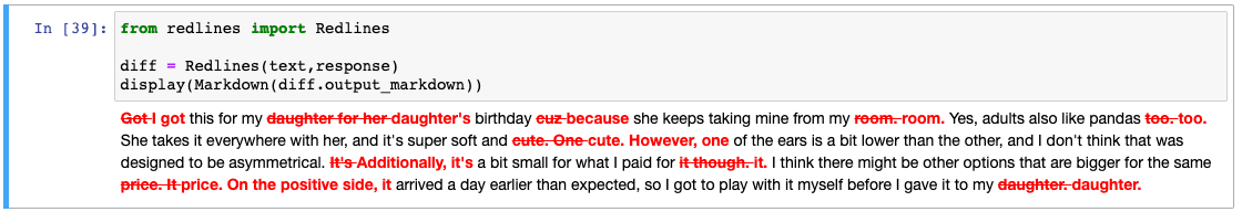 Screenshot of a result for comparing before and after on spellcheck texts