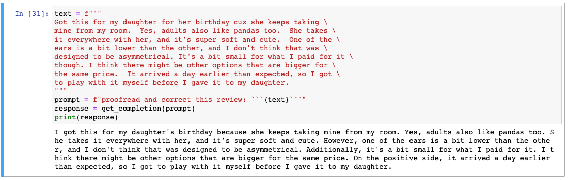 Screenshot of a result for spellchecking on a review